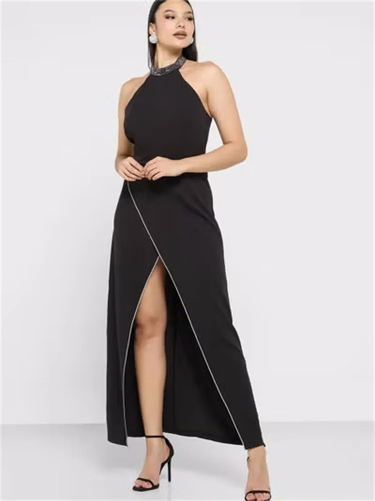 Robe de Soirée Noire à Manches sulfpour Femme, Tenue Formelle, Fente Latérale, Col Haut, Bal, Cocktail