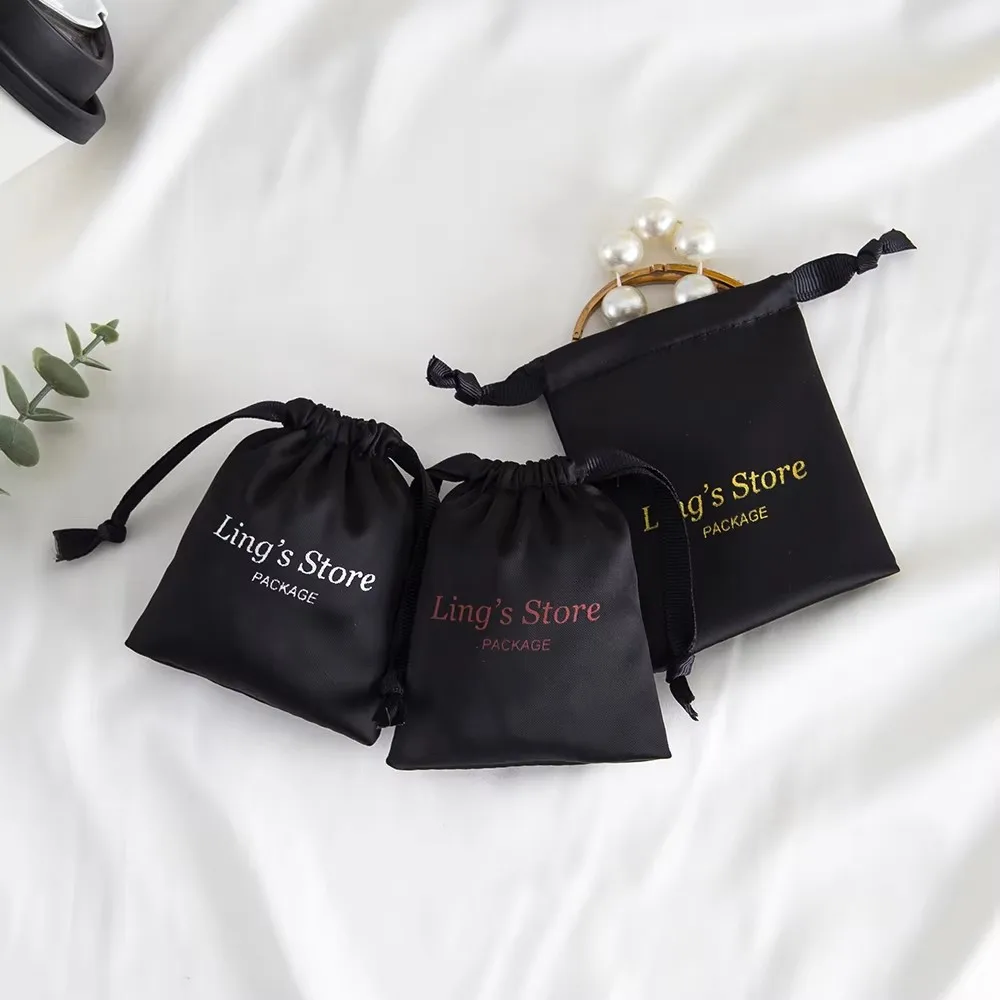 

100pcs Glitter Black Drawstring Bags Feast Party Packaging Pouches Silk Satin Jewelry False Nail Container Supporting Printing