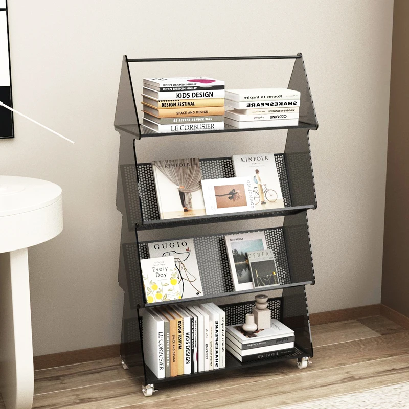 

Light luxury creative study living room bookshelf floor shelf wrought iron storage rack movable children's simple bookcase