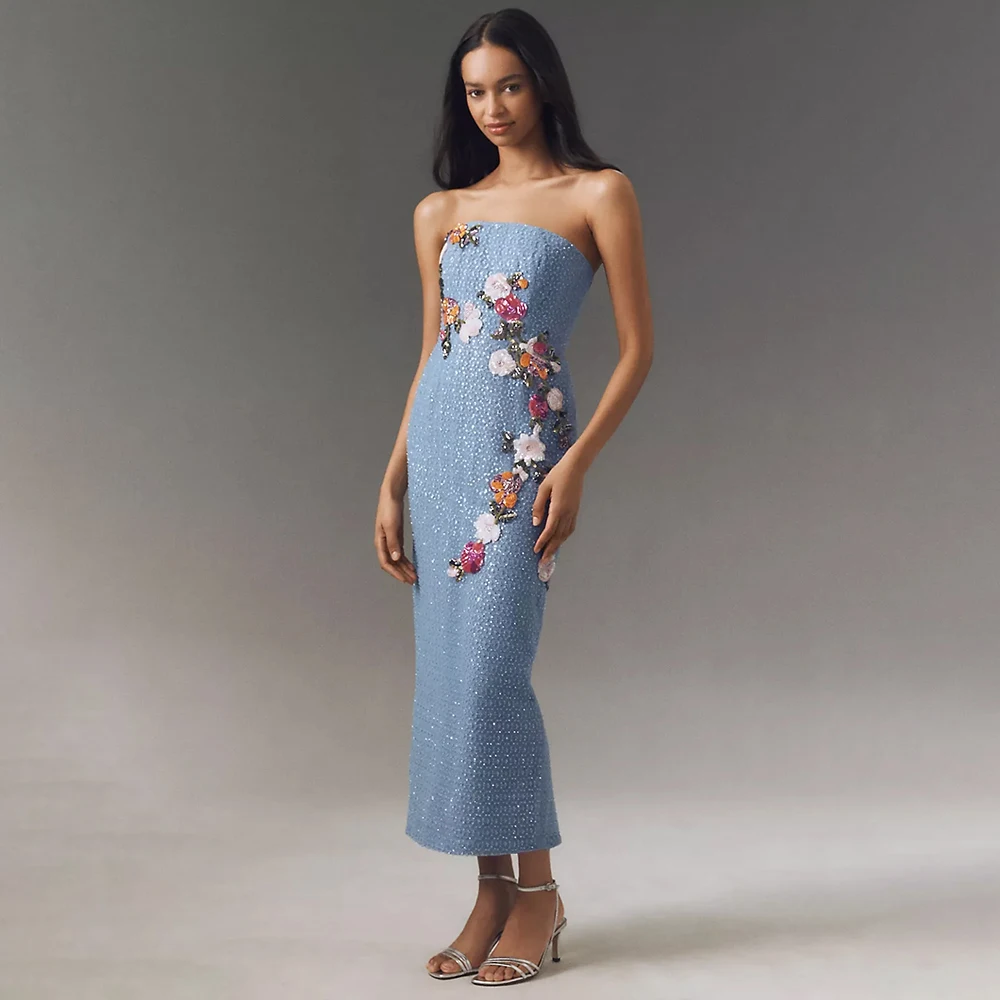 

Simple Sequined Evening Dresses for Elegant Women Luxury Appliques Tea-Length Sleeveless Gowns Formal Event Long Dress Vestidos