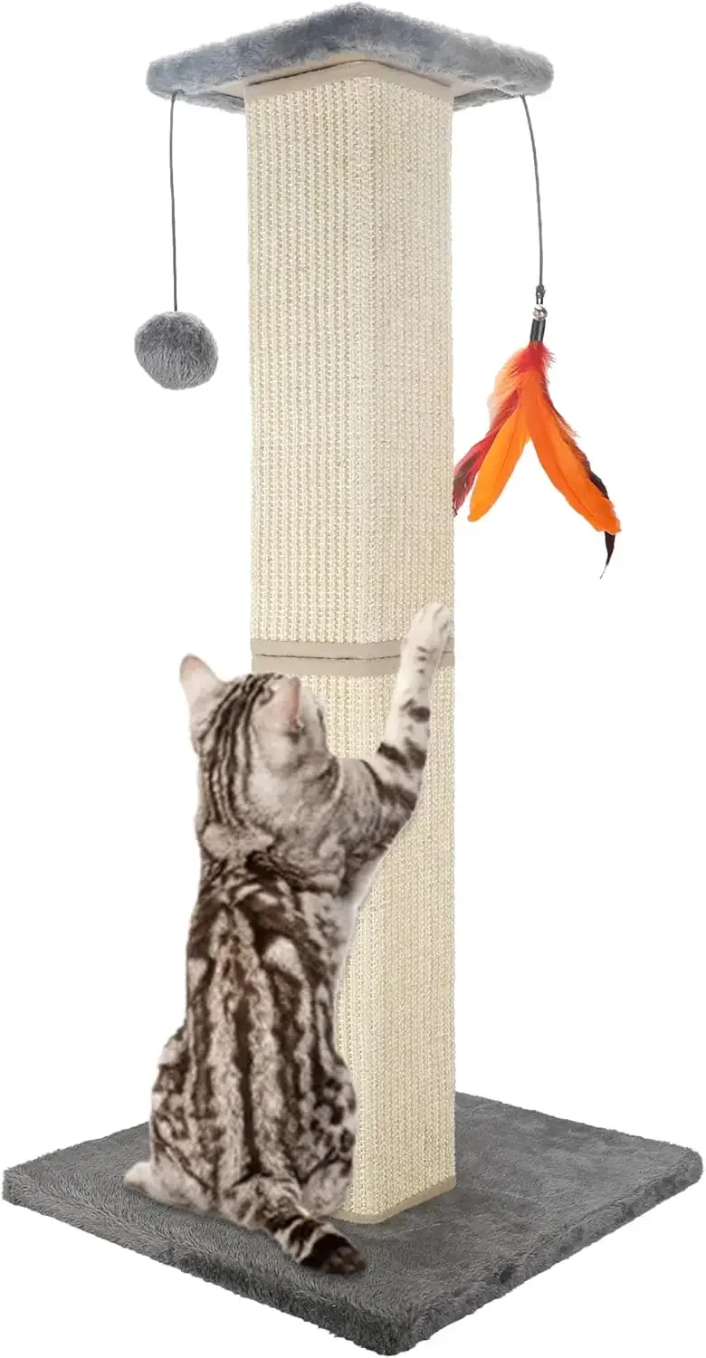 

33.5 Inch Cat Scratching Post Heavy Duty and Thicker Cat Scratching Posts Sisal Protects Furniture with Feather Toy and Hanging