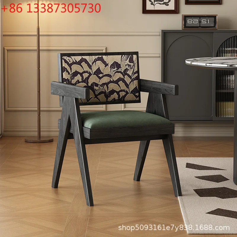 

French retro solid wood dining chair wabi sandy ash wood medieval chair