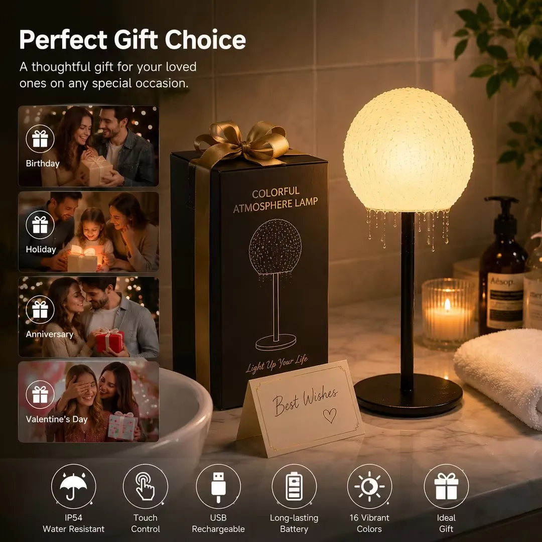 Color Changing Waterproof Globe Table Lamp Remote Controlled RGB Mood Lamp IP54 Rating Spherical Accent Light for Bathroom Dinne