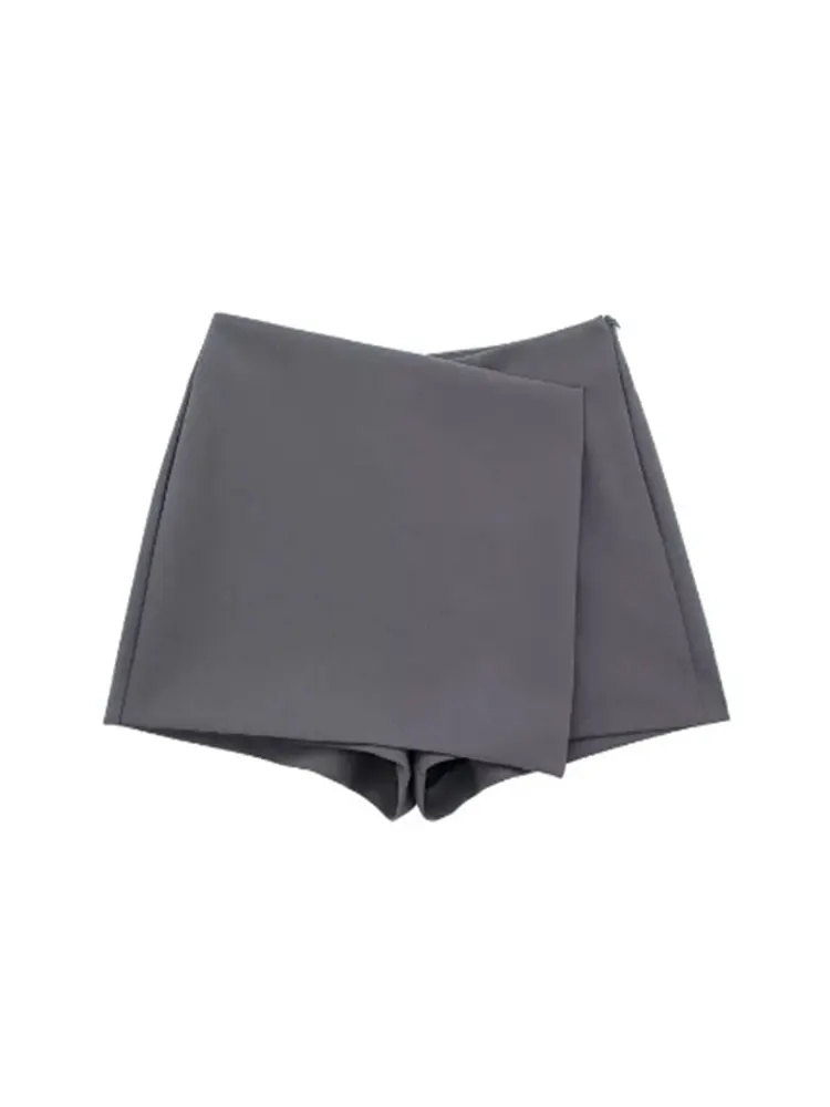 LAZVM Women Fashion Asymmetric Pareo Style Self Overlay Shorts Skirts Vintage High Waist Side Zipper Female Skort Mujer