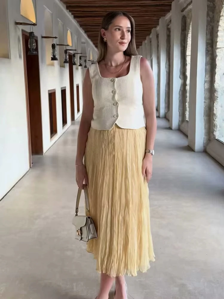 HH النساء 2025 موضة الأصفر مطوي ميدي تنورة عالية الخصر مرونة الخصر التنانير الصيف فضفاضة عادية الأمومة تول تنورة