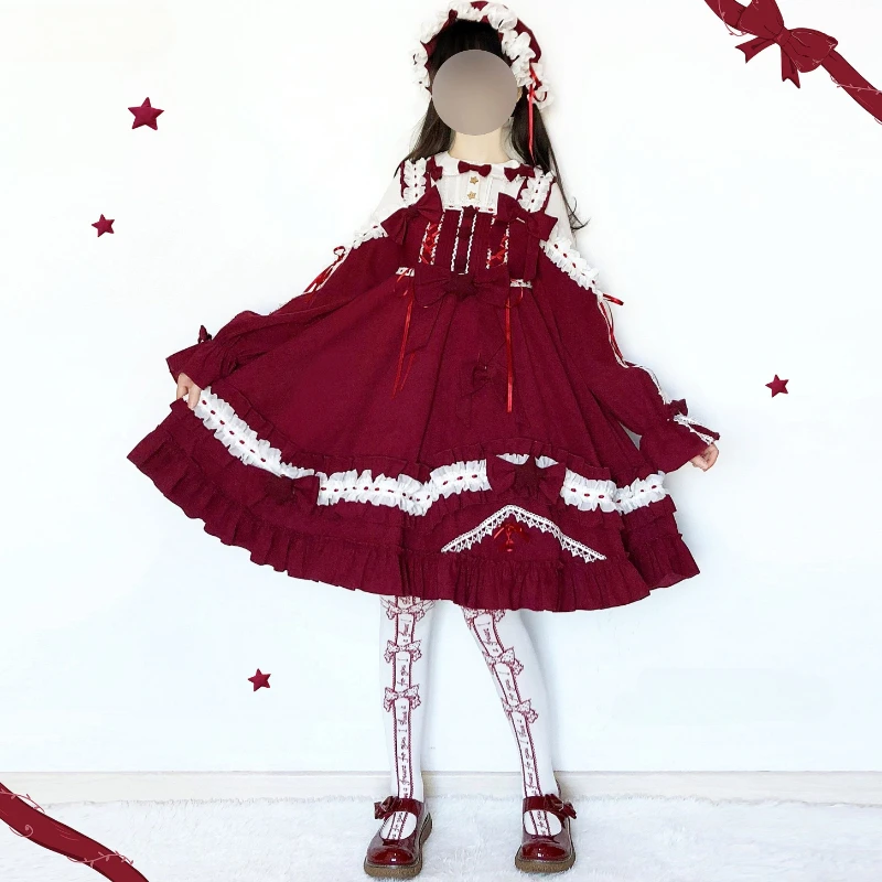 Original Japanese Sweet Lolita Op Dress Women Cute Little Star Ruffles Long Sleeve Princess Dress Female Kawaii Tea Party Dress