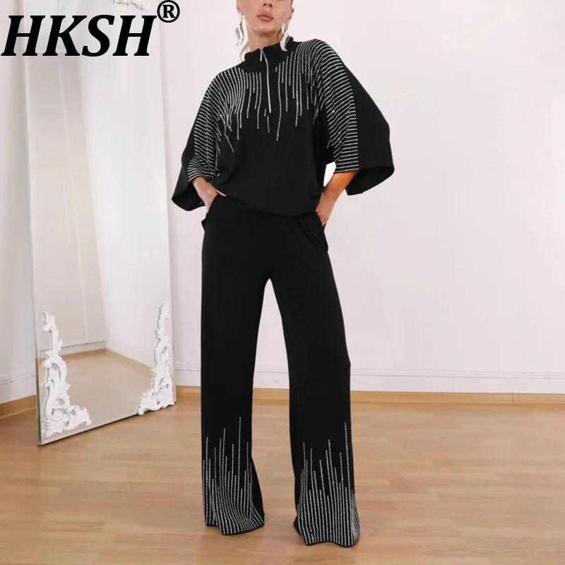 

HKSH Осенний новый женский комплект из двух предметов с рукавами три четверти и шипами с бриллиантами, темпераментный топ, повседневные широкие брюки HK12030