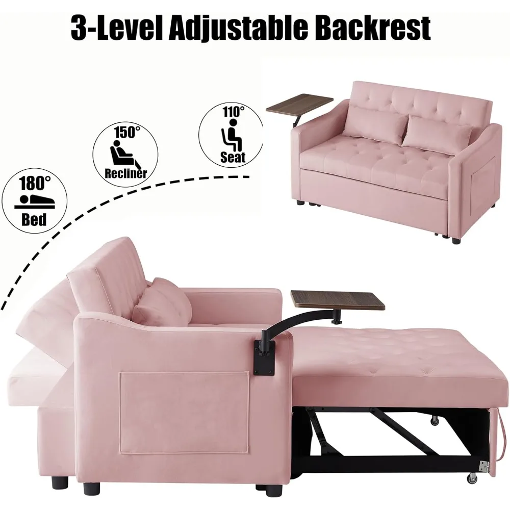 Convertible Sleeper Sofa Bed with Swivel Table, Adjustable Backrest, Side Pocket, Velvet Loveseat Futon for Small Spaces