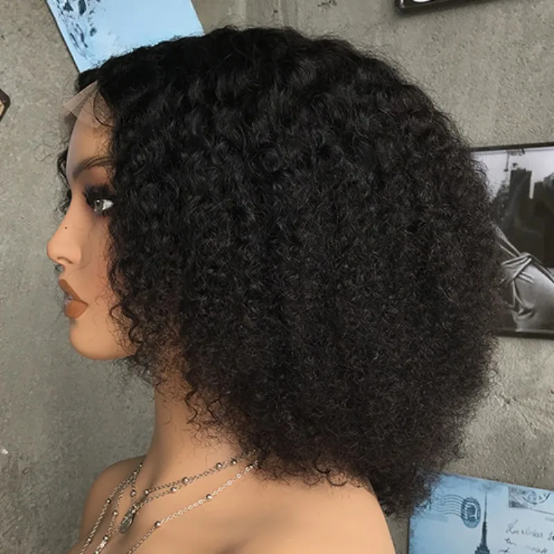 Afro Kinky Curly Human Hair Wig 4x1 T Middle Part Lace Closure Wig 250% Density Raw Indian Hair Pre-Plucked 12 Inch Wholesale