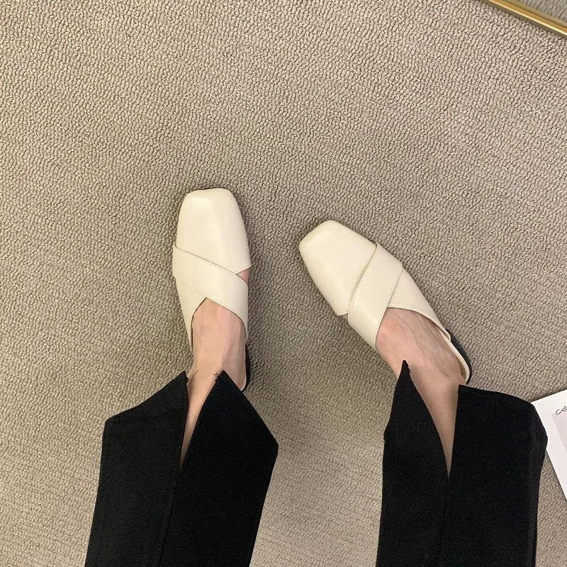 Cover Toe Shoes Mules For Women 2025 Female Slippers Square heel Med Slides Shallow Fashion New Block Luxury Fabric Rubber PU Ho