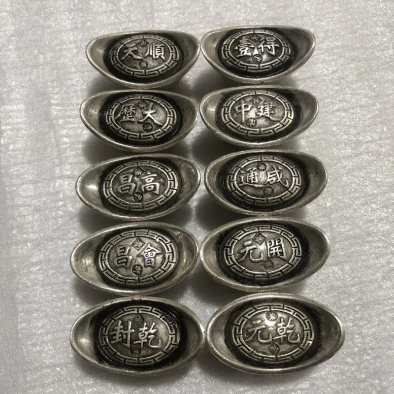 Wholesale Antique Reproduction Ancient Silver Ingot Old Sycee Datang Ten Emperors a Set of Ancient Ingot Crafts Collection