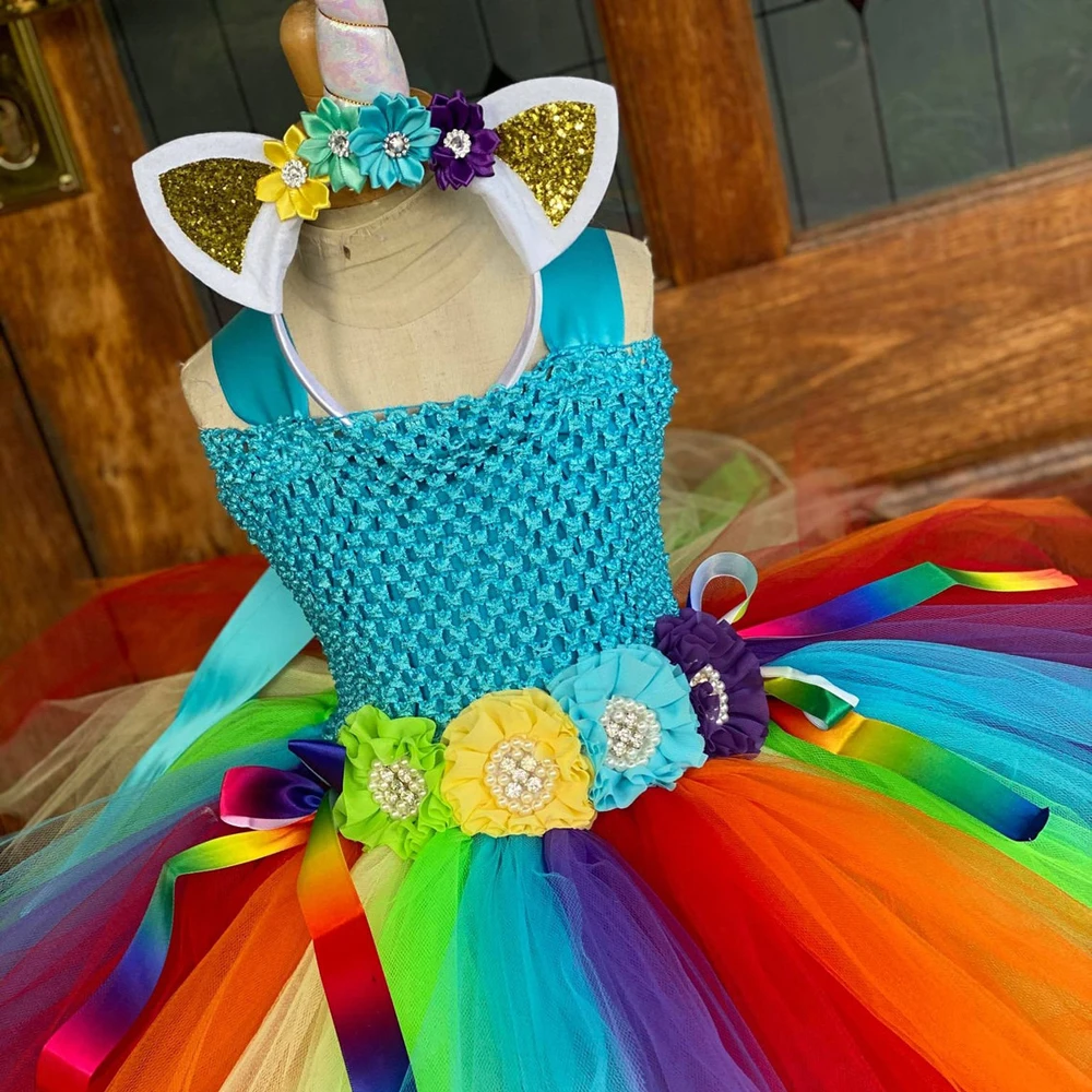 Girls Rainbow Unicorn Tutu Dress Kids Crochet Flower Tulle Dresses with Hairbow Children Birthday Cosplay Party Costumes Cloth