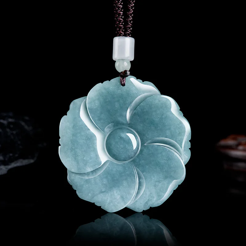 Natural A-grade Jade Blue Water Peony Flower Pendant With Blossoming Wealth Glutinous Jadeite For Men's Charms Women's Jewelry