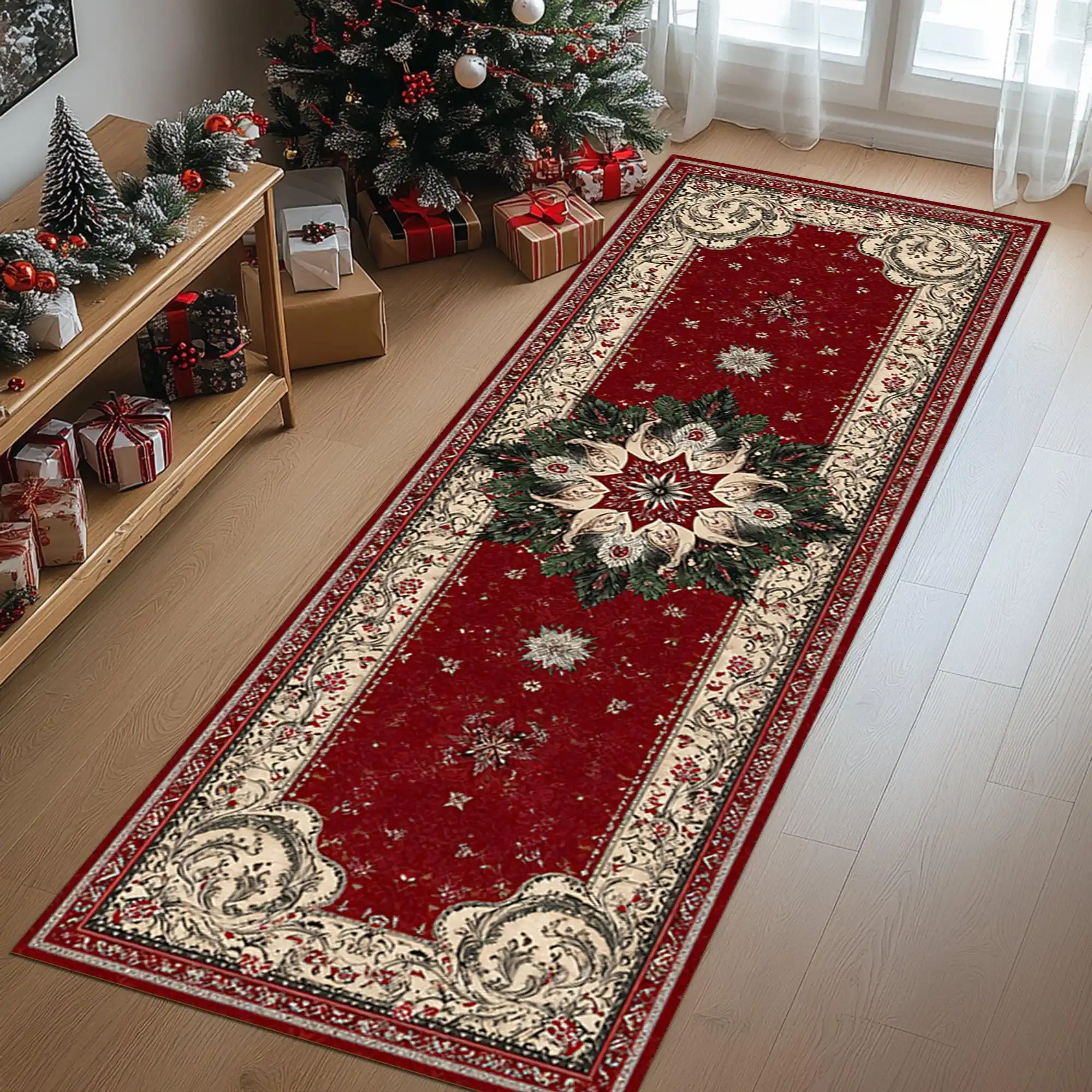 Merry Christmas Santa Claus Gift Box Kitchen Runner Rug Entryway Area Rug Bedroom Living Room Floor Mat Winter Carnival Wreath