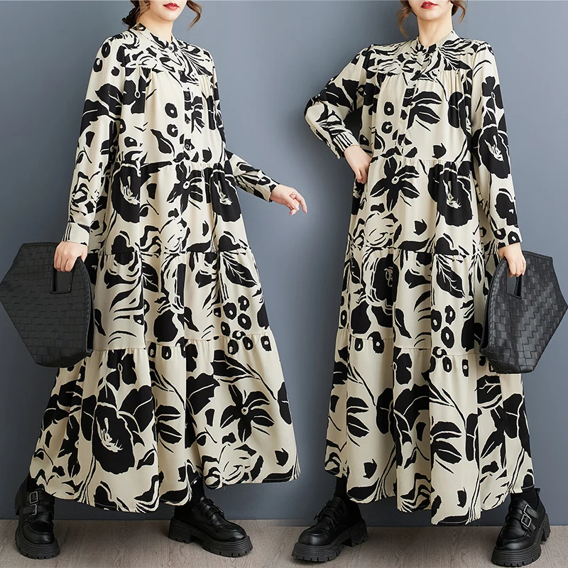 

Длинное платье трапециевидной формы с высокой талией в европейском стиле в стиле ретро, весна-осень Faion, большие размеры, женское платье