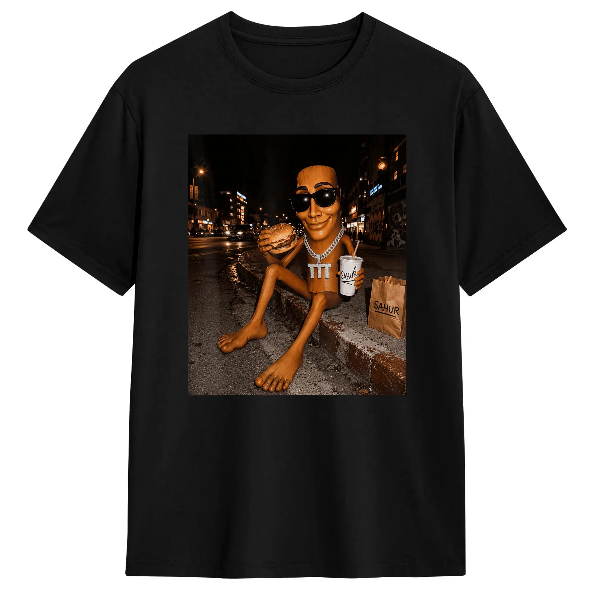 Men Street Food Night Vibes Funny Tung Sahur Soda Burger Fries T Shirts Cotton Clothing Novelty Short Sleeve O Neck Tee Shirt