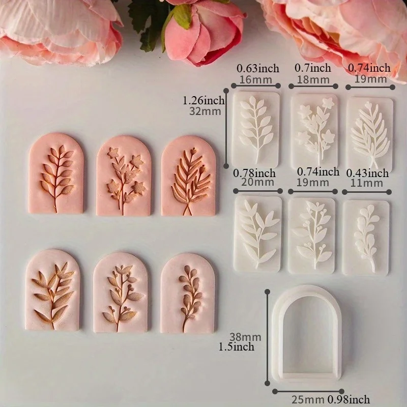 7-teiliges Set mit Ohrringformen aus Ton mit botanischem Blattmuster, frischen Pflanzen- und Rankenblättern, Ton-Ausstechformen und Werkzeugen für die Herstellung von Ohrringen, Anhängern und Schmuck – Detail 10