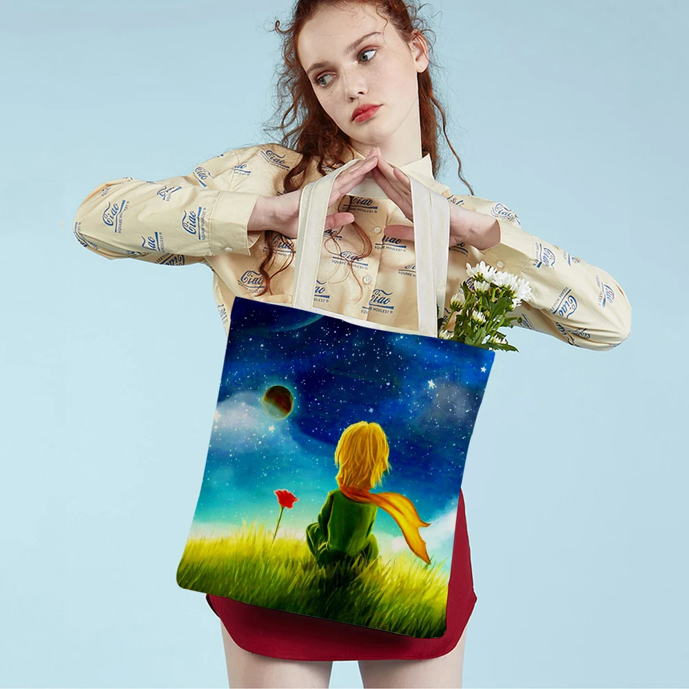 Little Prince  Women Shopping Bag Double Print Fashion Classic Cartoon Anime Student Canvas Travel Tote for Children Boys Girl