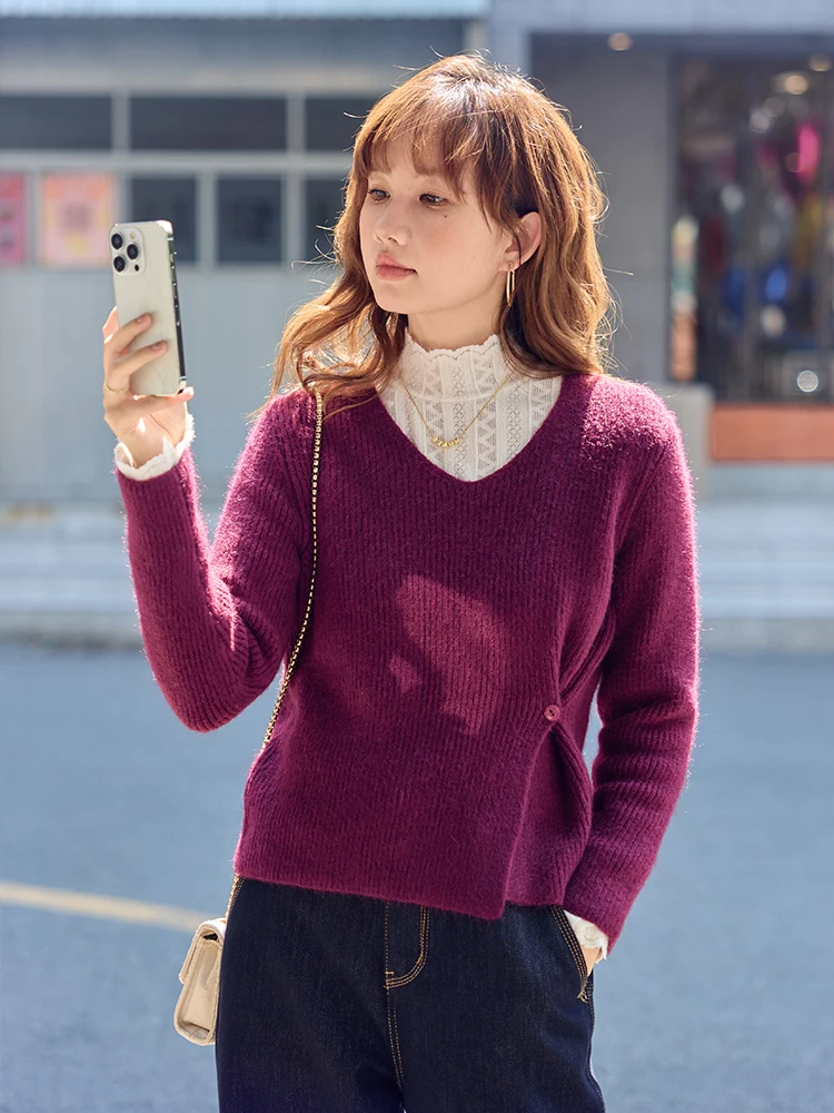 

Осенне-зимний женский вязаный свитер с V-образным вырезом, фиолетово-красный, асимметричный, свободного кроя, утепленный, повседневный, для работы и отдыха