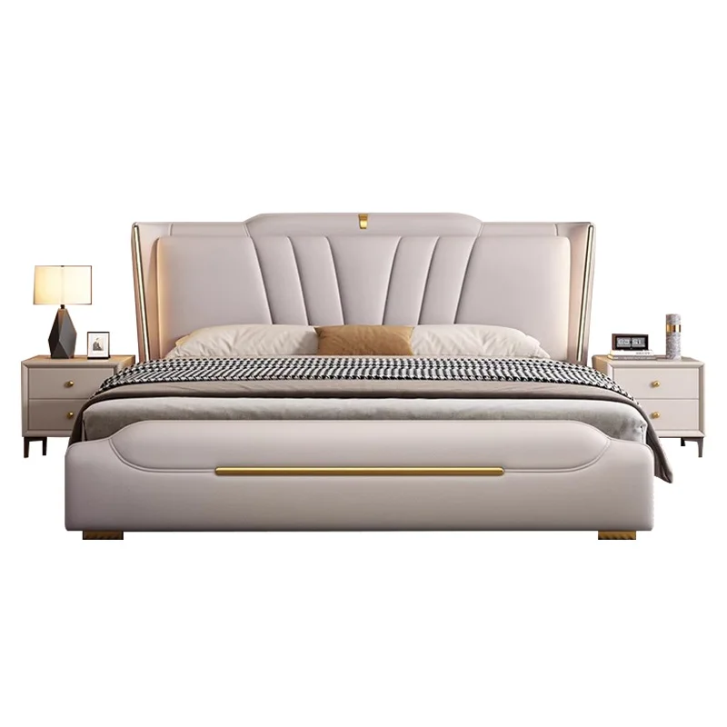 

Italian light luxury leather bed, high-end minimalist master bedroom soft bag double storage bed