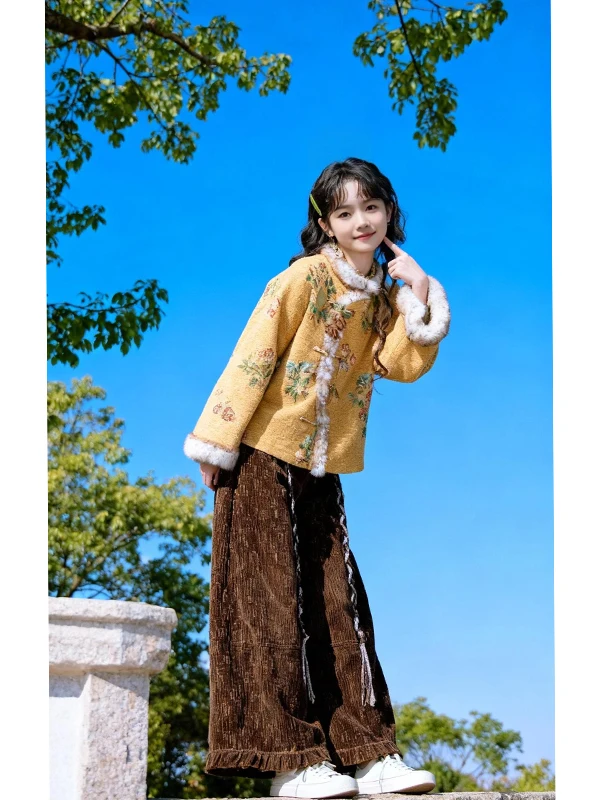 

Unique Beautiful Women's Cotton Jaet And Wide Leg Pants Two Piece Set Traditional Chinese Sle Winter Faion Ensemble