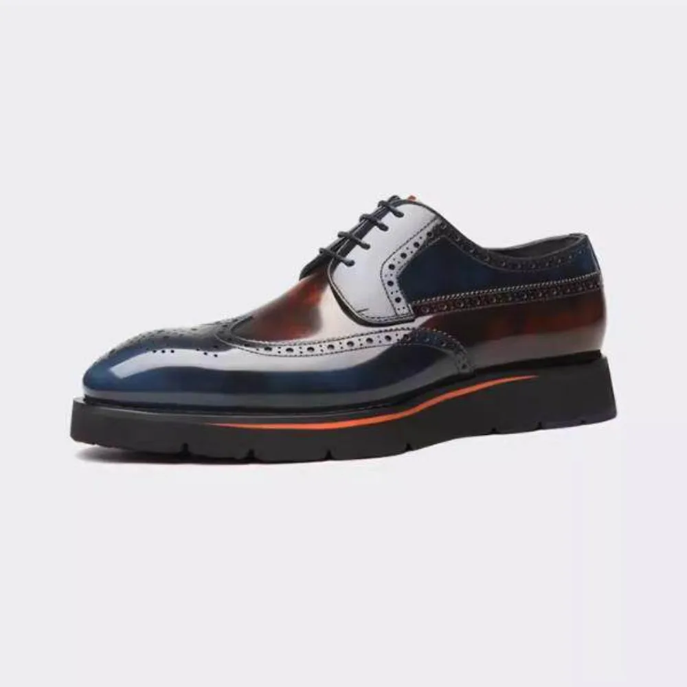 Color Block Men’s Genuine Leather Brogue Dress Shoes Thick Sole British Style Business Casual Wedding Groom Shoes