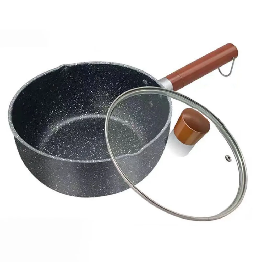 

Cookware Non-Stick Milk Pot with Lid and Pour Spout Wood Handle Soup Pot Japanese Style Flat Bottom Frying Pan Baby Food