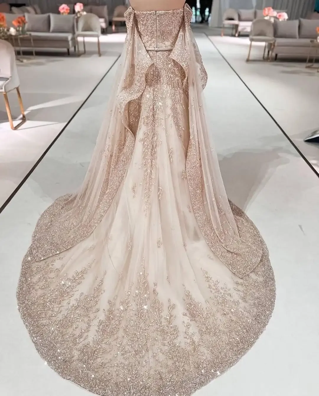 Customized Gems Crystals Wedding Gowns Off-shoulder With Pagoda Fluffy Long Sleeves Cathedral Maxi Tail Long Dresses