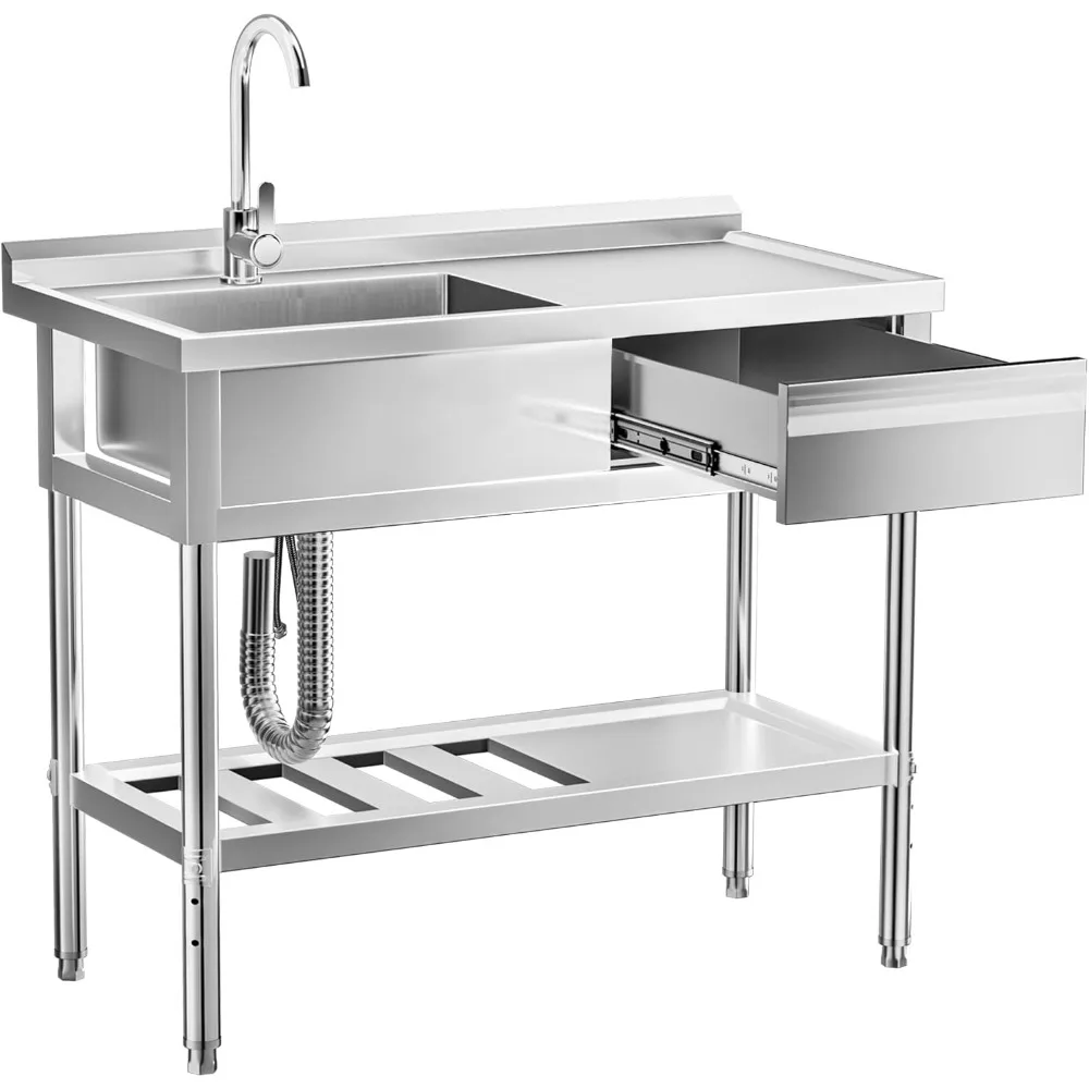 

Freestanding Single Bowl Stainless Steel Utility Sink with Faucet, Workbench, and Drawer Storage, Suitable for Hot and Cold Wate