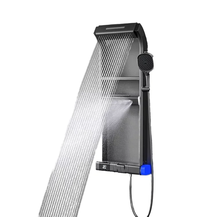 Set Shower Kamar Mandi Termostatik Layar Digital Cerdas, Panel Shower LED 360 Derajat Terpasang di Dinding, Semprotan Hujan Kuningan, Disikat