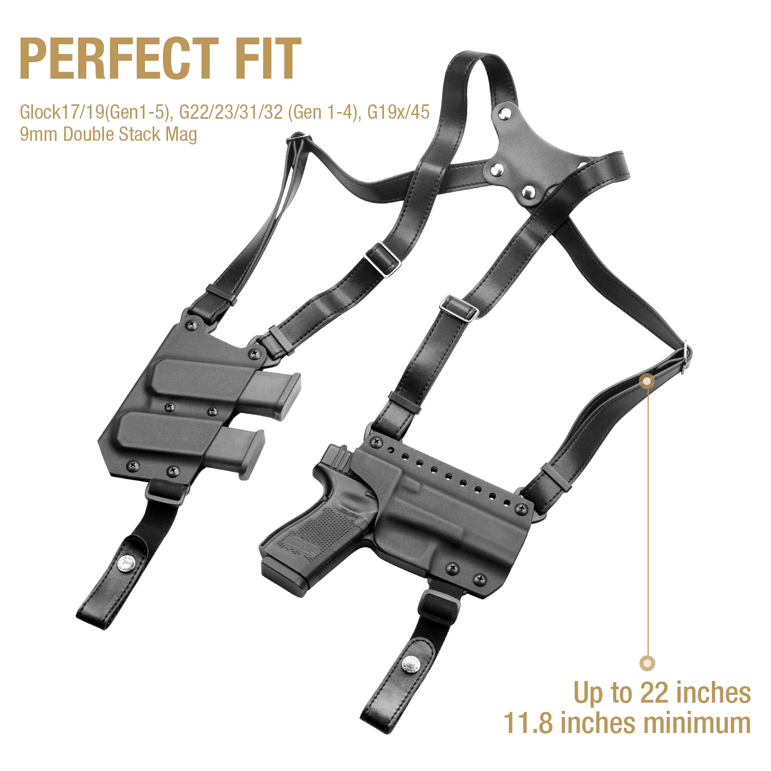 For Glock 17/19, Gun&Flower ,Shoulder Premium Leather & Kydex Concealed Carry Glock 17/19 Holder With Double Mag Pouch - Image 5