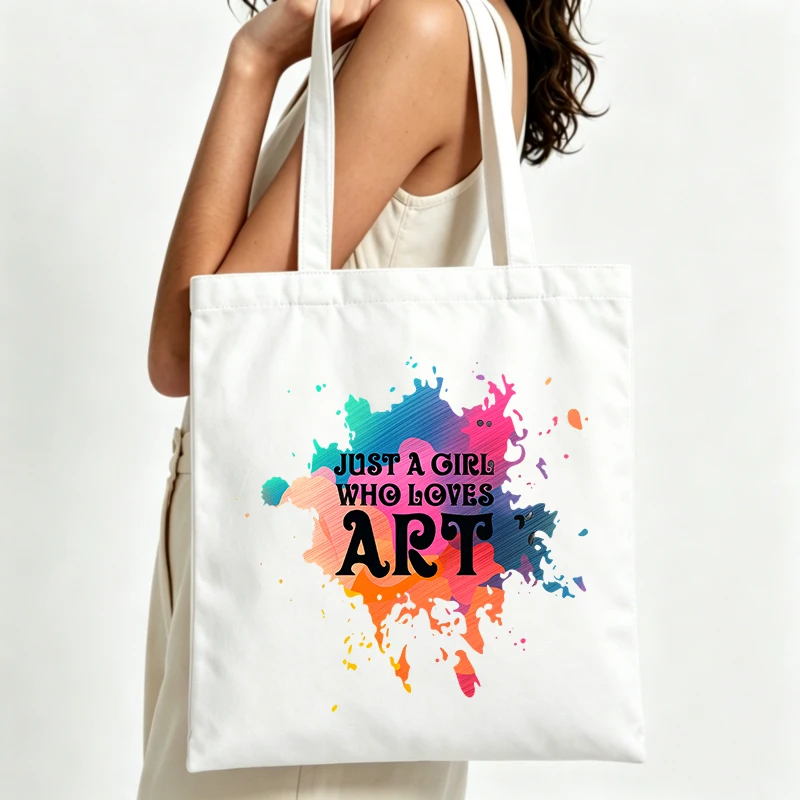 artistic paint splatter canvas tote bag with letter print, perfect for casual daily use and art-inspired outings