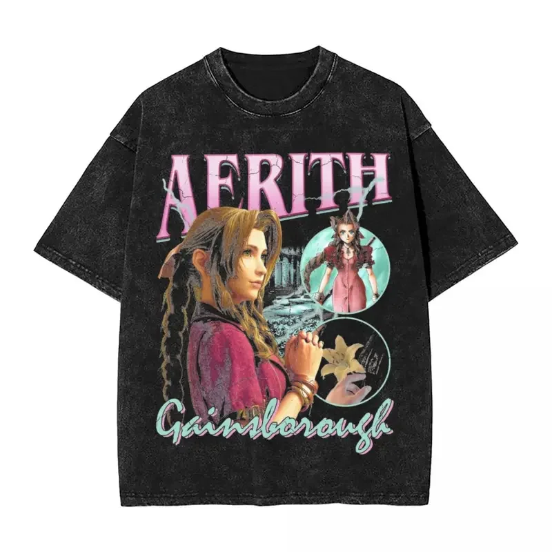 Aerith Gainsboro Final Fantasy 7 T Shirts Hip Hop Washed Short Sleeve T-Shirts Vintage Men Women Tops Streetwear Printed Tees