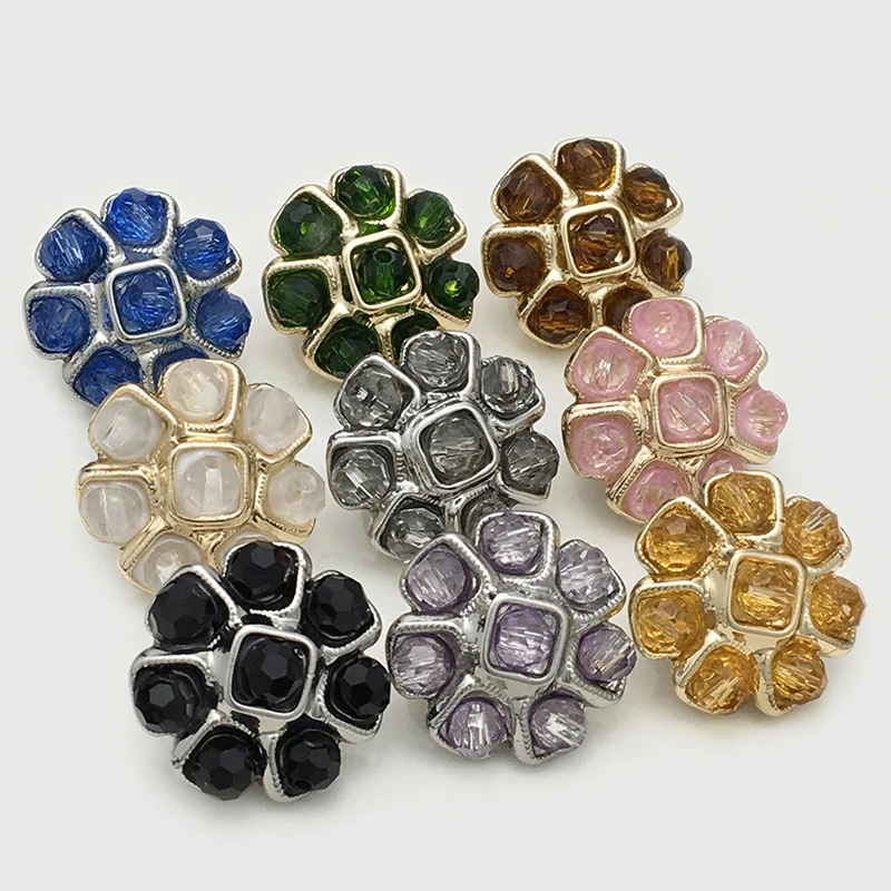 8Pcs/lot 18-23mm High End Metal Colored Flower Shaped Diamond Inlaid Buttons Coarse Tweed Suit Coat Decorative Buttons N216
