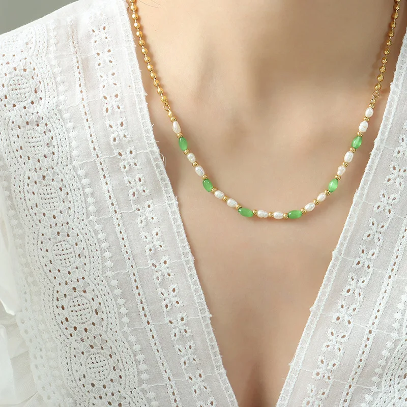 N​ew Waterproof Jewelry Green Opal Beads Paired With Freshwater Pearl Necklace for Women Stylish Handmade Necklaces Fashion Gift