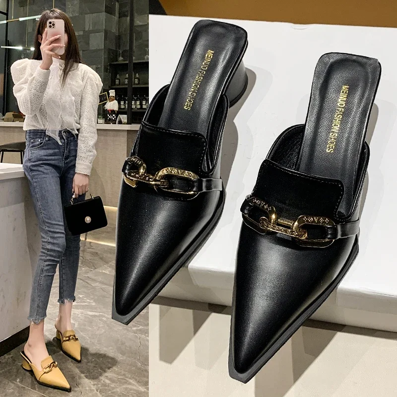 New Summer Luxury Women Black High Heels Slippers Close Toe Block Heels Mules Designer Slip on Loafers Slides Party Shoes