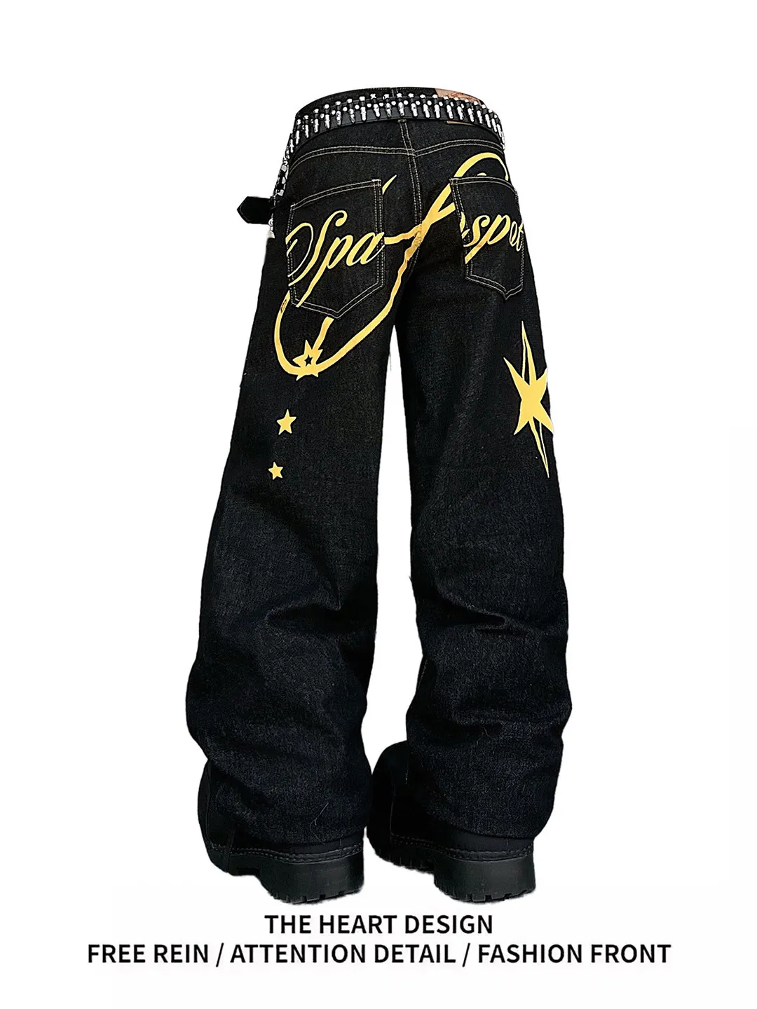 Calças Jeans Americanas Retrô Estampadas para Homens e Mulheres, Perna Reta, Perna Larga, Pretas, Casuais, Juvenis, Populares, em Mistura de Algodão e