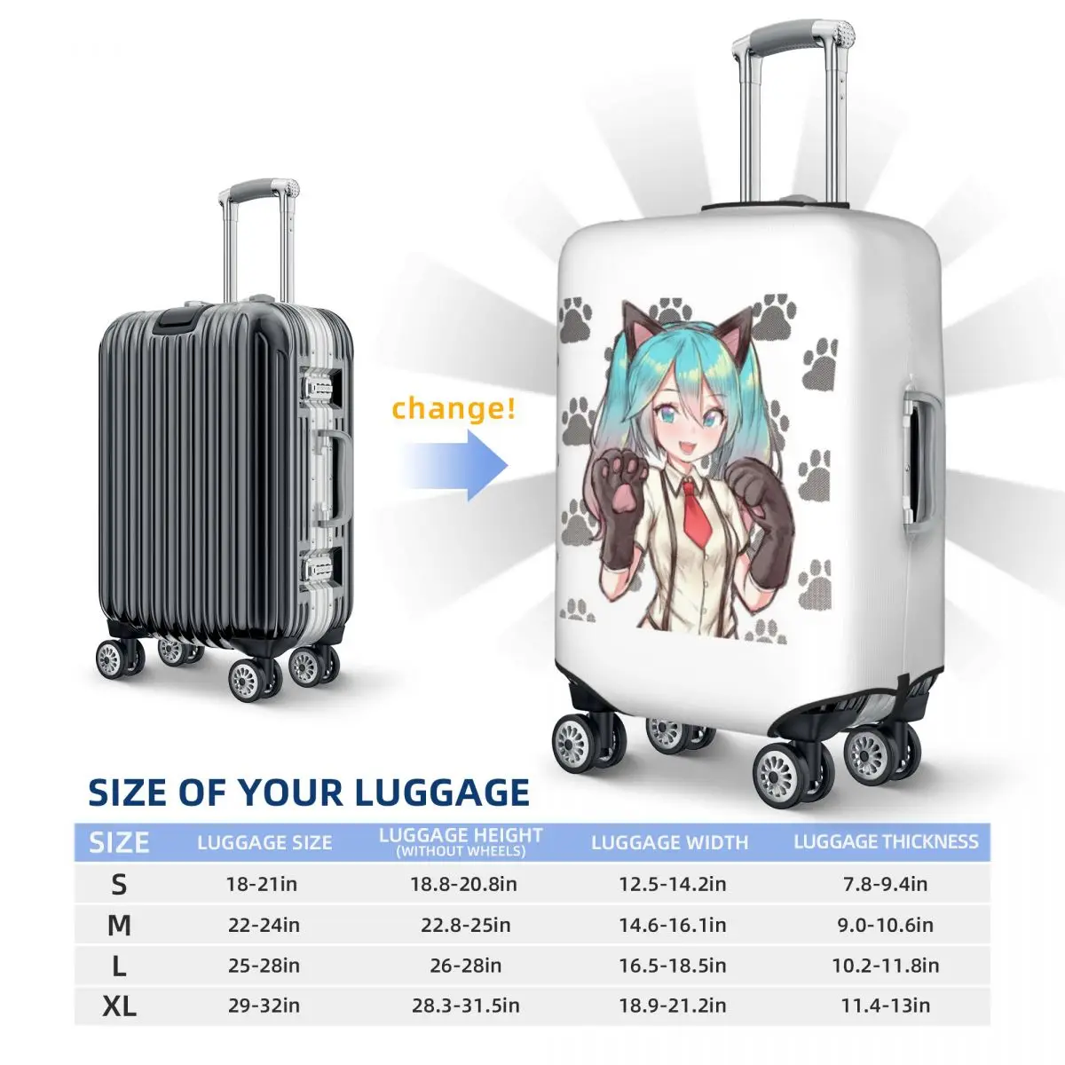 Hatsune Miku Nekko Kawaii غطاء حقيبة حماية مرونة السفر الأمتعة حامي يغطي لمدة 18-32 بوصة