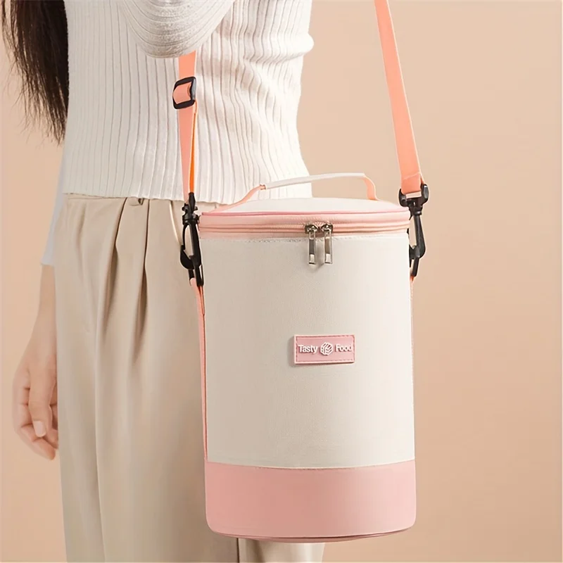 Round Cylindrical Insulated Crossbody Lunch Shoulder Strap Carry Office School Picnic Non Food Contact Portable Thermal Storage