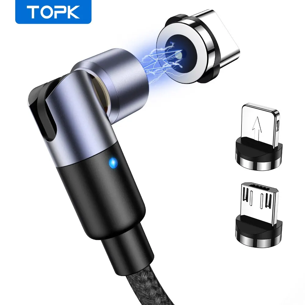 TOPK 540 Degree Roating Magnetic Cable Micro USB Type C Phone Cable For IPhone11 Pro XS Max Samsung Xiaomi USB Cord Wire Cable