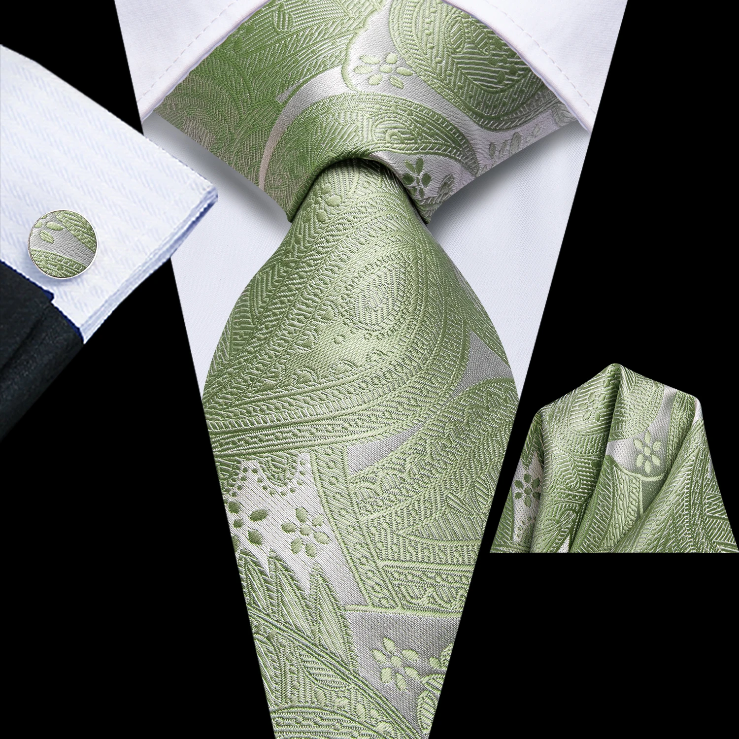 

Hi-Tie Designer Sage Green Paisley Elegant Tie for Men Fashion Brand Wedding Party Necktie Handky Cufflink Wholesale Business