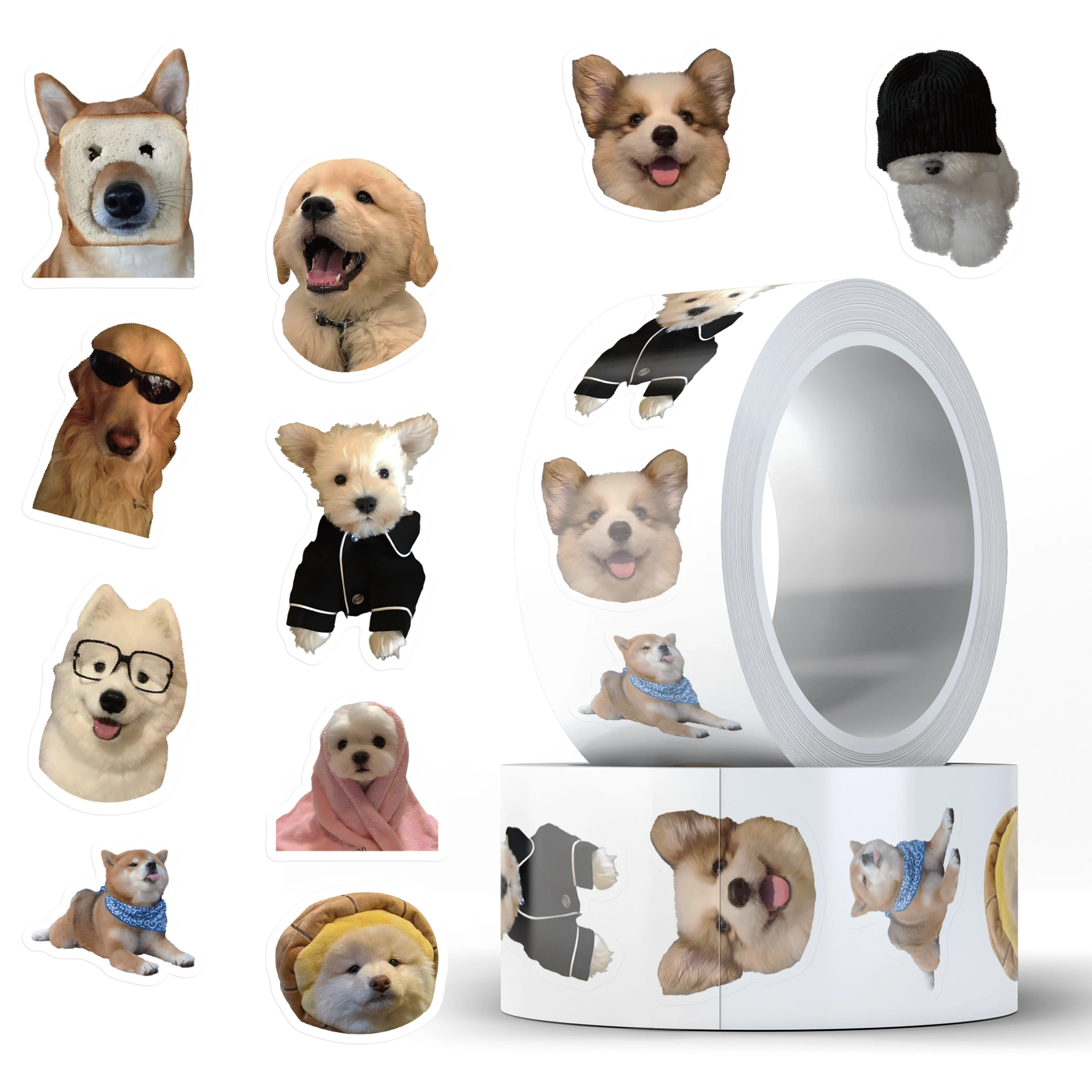 500pcs/roll Funny Cute Animal Dog Meme Stickers For Luggage Guitar Laptop Phone Diary Waterproof Vinyl Decals(10 Patterns)