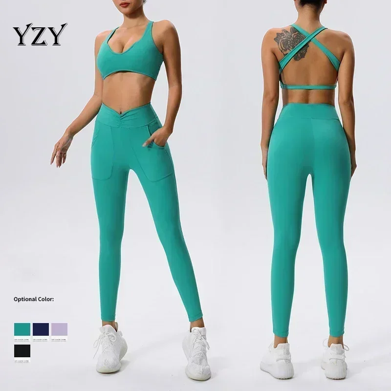 Seamless Yoga Sets Sports Fitness High Waist Hip-lifting Shapeing Trousers Backless Bra Suit Workout Gym Leggings Sets for Women