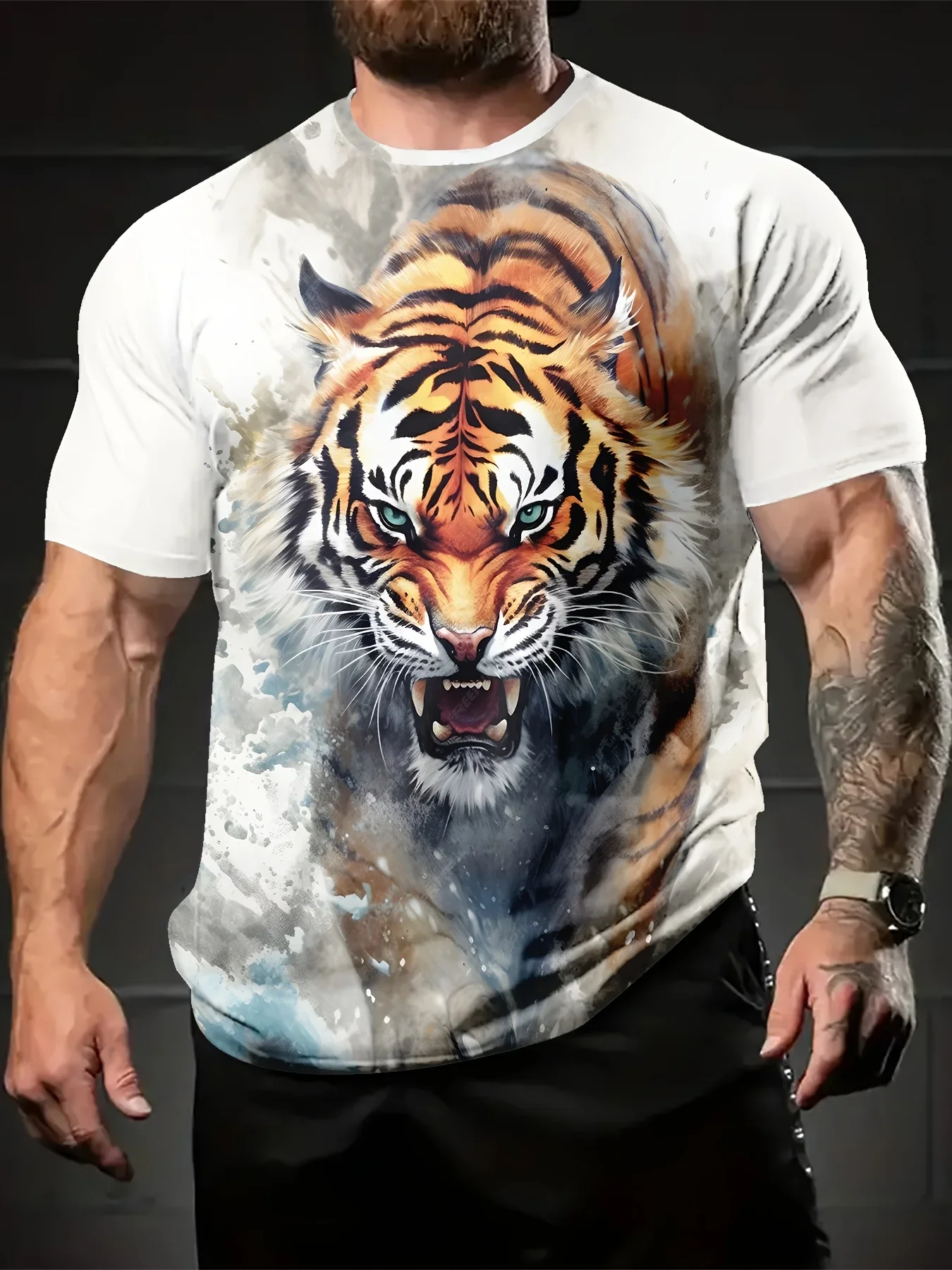 Retro Fierce Tiger Printed T-shirt Trendy Street Men's Clothing Outdoor Casual Short Sleeve T-shirt Summer Breathable Tops