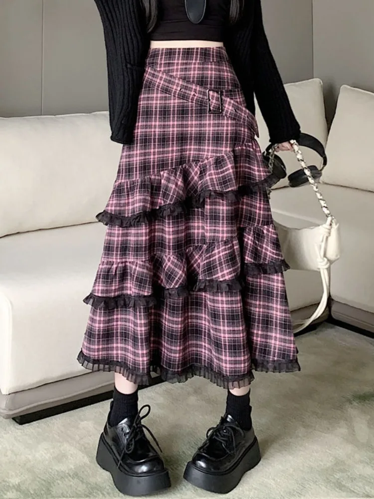 

Vintage Elegance Pink Plaid Ball Gown Skirt For Women Autumn Winter High Waist Slim Casual Cake Skirts Women's Mid-length Skirts