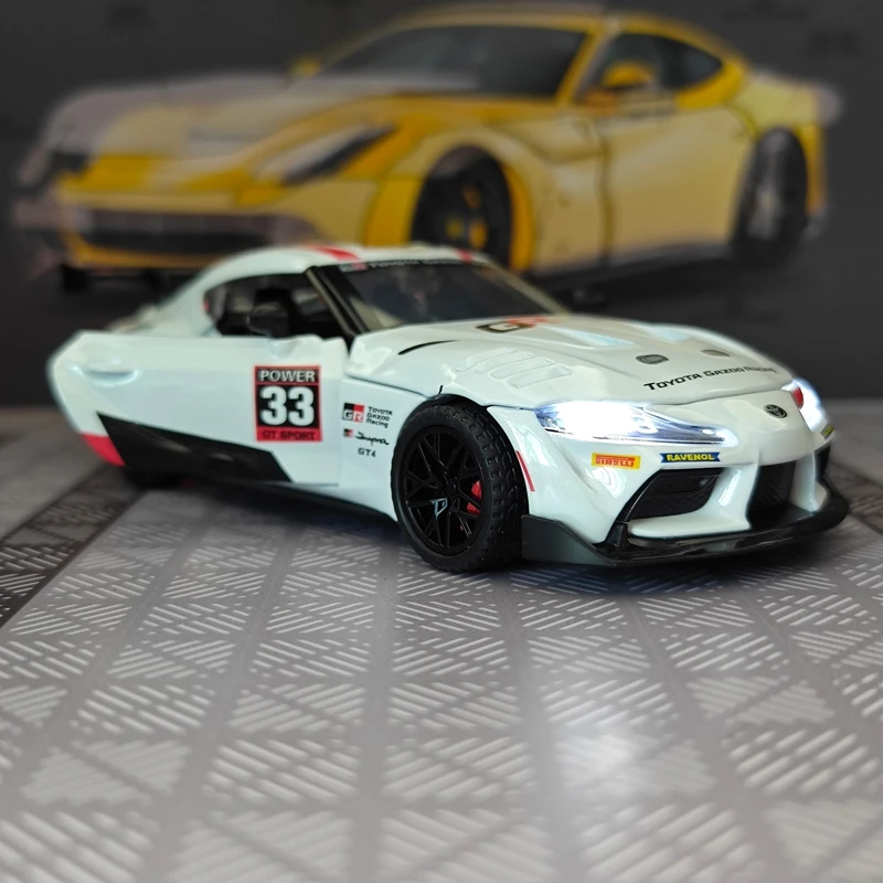 

1:32 Toyota Supra GT4 Alloy Car Model has simulated sound and lighting functions doors on both sides that can be opened