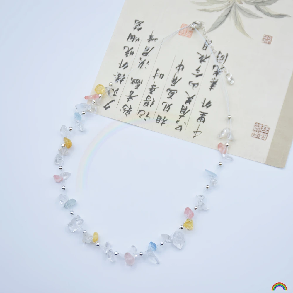 Natural multi-colored gemstone rubble crystal necklace, summer sweet dopamine, colorful, free-form crystal clavicle chain, Rwbuy
