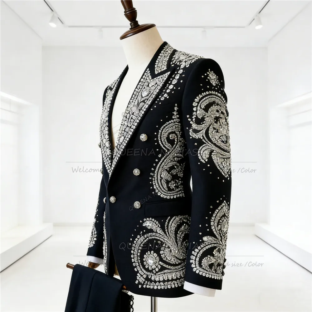 Exclusive Design Suits Men Beading Stones Prom Blazer Plus Size Customized Groom Banquet Wedding Tuxedos Male Business Outfits