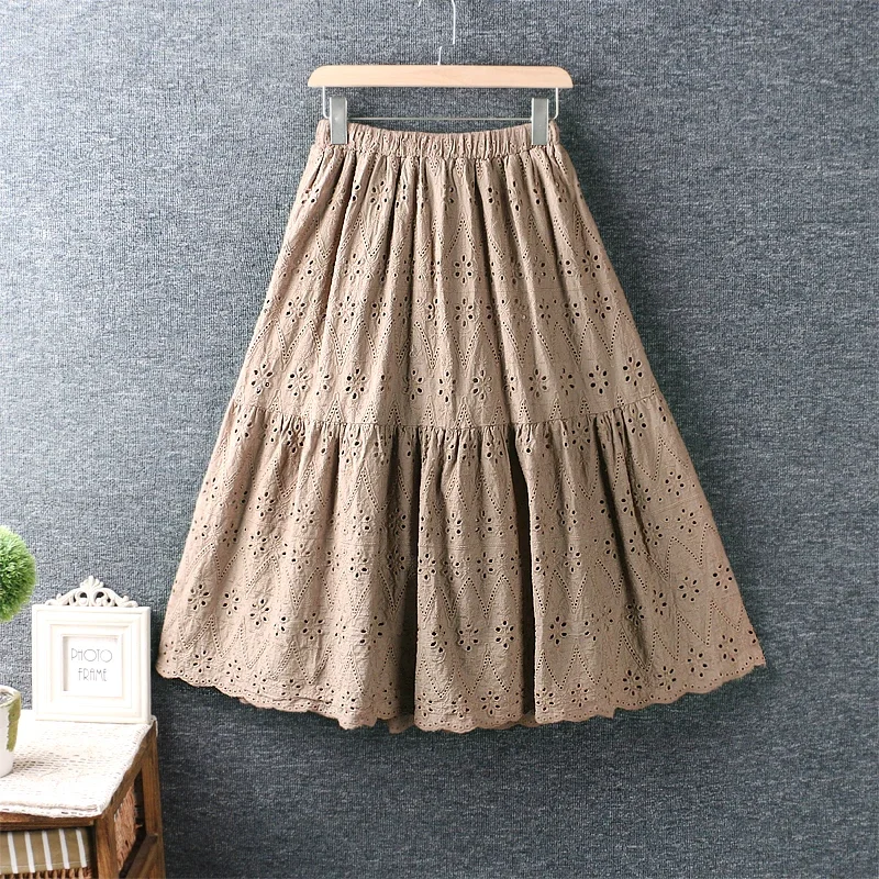 

Japan Style Mori Girl Hollow out Embroidery Cotton linen Skirts Women Elastic Waist Casual Loose Vintage Skirts