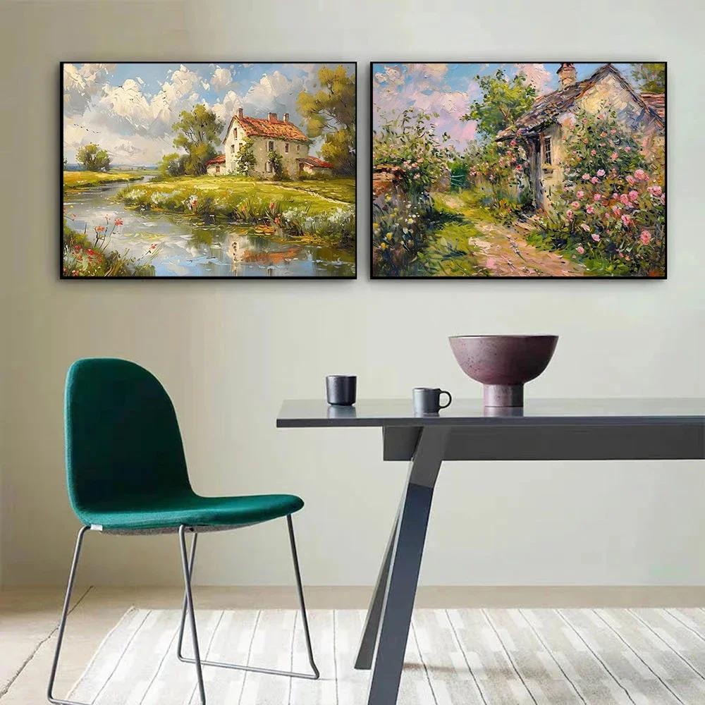 Retro Spring Garden Romantic Cabin Oil Painting Art Poster Canvas Printing Living Room Bedroom Home Gallery Decoration Frameless